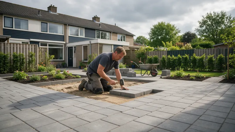 Hovenier legt betontegels op een zandbed